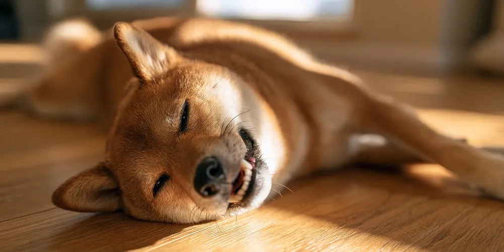 横向きに寝て、口元の歯が見えている柴犬