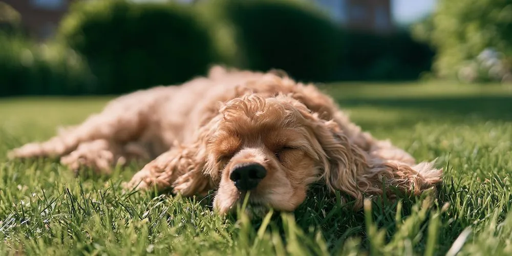 芝生の上で眠るアメリカンコッカースパニエル