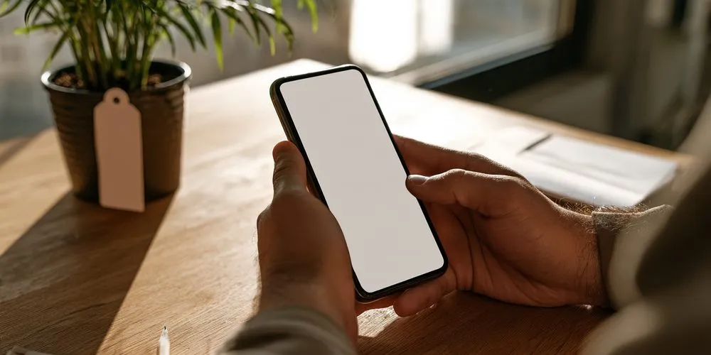 テーブルの鉢植えとラベルの横で、スマホを手に調べる