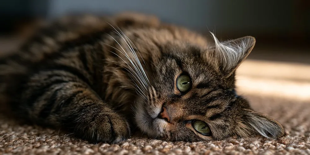 カーペットの上で眠そうにしているキジトラ猫